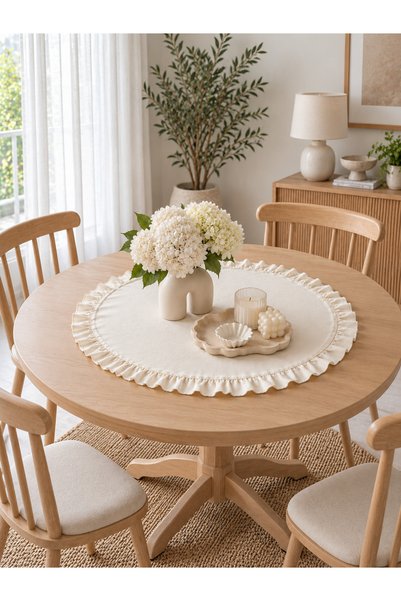 Decamor home Leke Tutmaz Keten Ekru Yuvarlak Fırfırlı Dekoratif Örtü 60 x 60