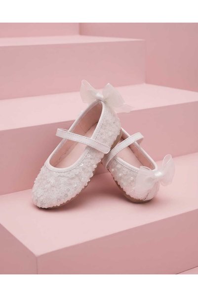 pediashoes Balerini eleganti pentru fete, cu paiete albe, fundă la spate, tal...
