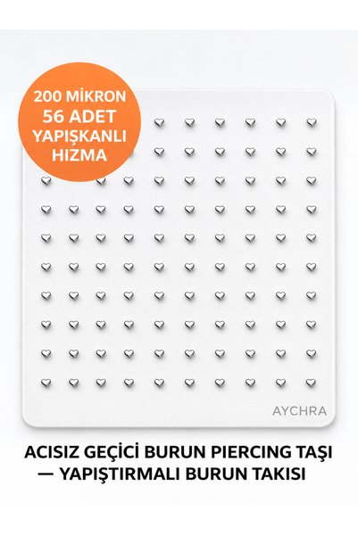 Aychra 56 Adet Gümüş Renk Yapışkanlı Hızma – Kalp Model - Acısız Geçici Burun...