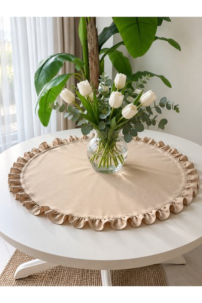 Decamor home Aura Stain-Resistant Linen Beige Round Ruffle Runner