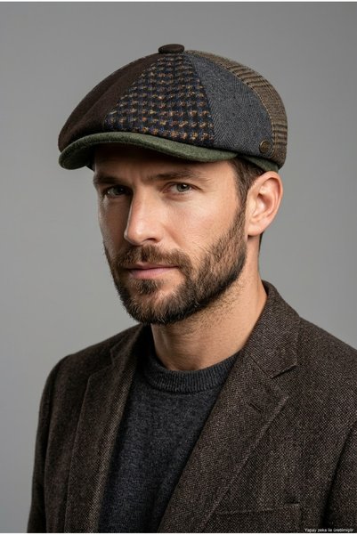 ZERAMİNE Erkek Patchwork Kasket 8 Parça İngiliz Model Desenli Newsboy Şapka V...