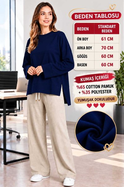 Soul Tunik Bluz Basıc Yanları Yırtmaç Detaylı LACİVERT