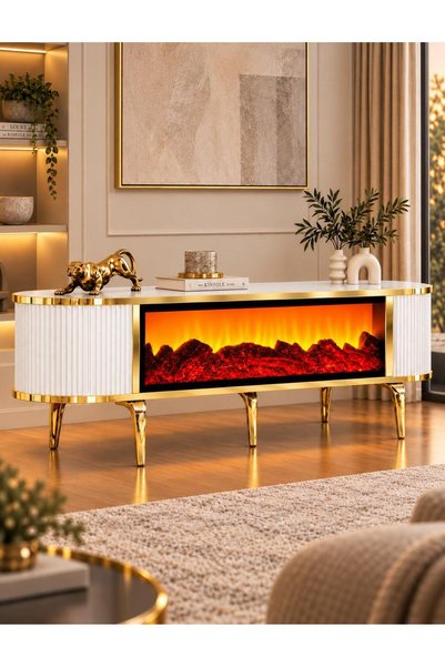 SEDAŞ LIVING UNITS Tv Ünitesi Bohem Şömineli Beyaz Gold Ayak Bluetooth Ve Hop...