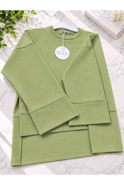 Soul Tunik Bluz Basıc Yanları Yırtmaç Detaylı OLİVE