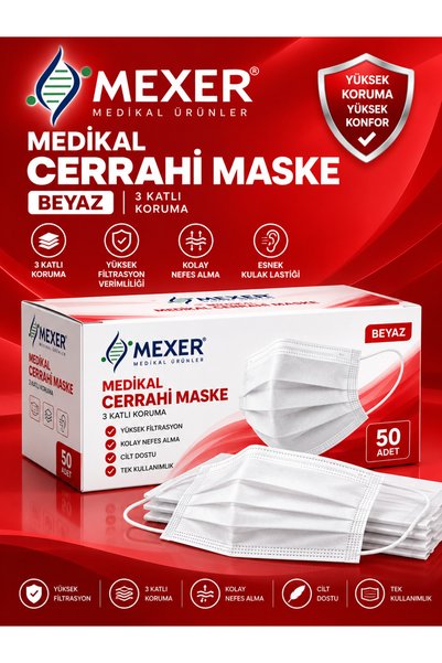 MEXER Medikal 3 Katlı Yassı İpli Beyaz Maske (1 KUTU/50 ADET)