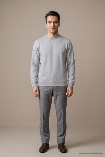 Maccali Erkek Basic Bisiklet Yaka Bol Gri Kışlık Sweatshirt