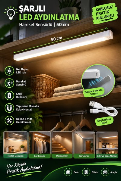 ozbience 50 cm sensörlü beyaz LED lamba, şarjlı, dolap ve koridor kullanımı