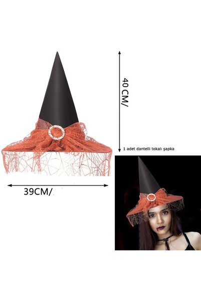 partidolu Halloween Sarkan Siyah Dantelli Cadı Şapkası Yetişkin Turuncu Renk ...