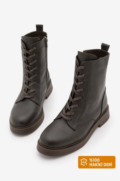 Marjin Women's Genuine Leather Boots with Lace-Up and Zipper, Kafle Brown