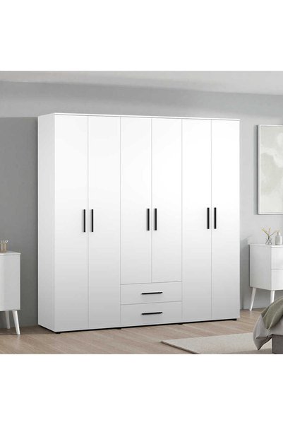 Adore Mobilya White 6 Kapaklı 2 Çekmeceli Gardırop-Mat Beyaz 206x213x52 cm (G...