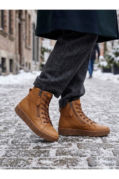 Seles Mod Kadın Taba Hakiki Deri Yan Fermuarlı Yüksek Taban Sneaker Bot