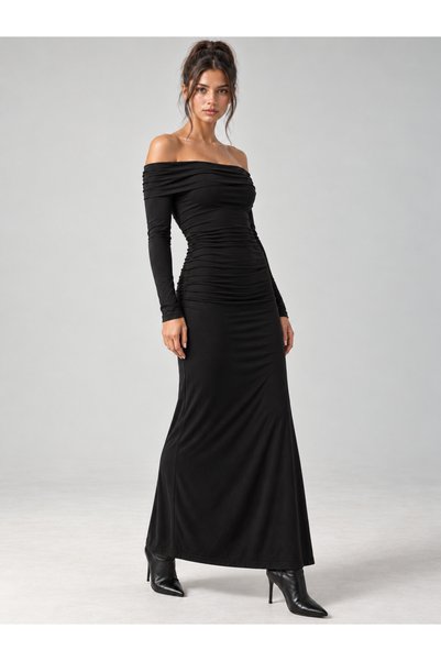SHEBARA Black Bardot Collar Ruched Maxi Sandy Dress