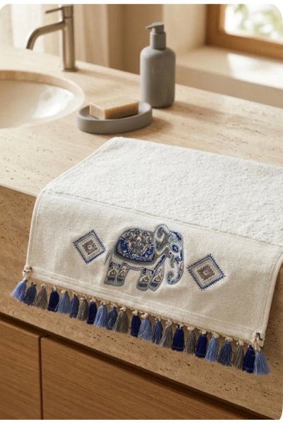 Narma Home White Fuzzy Bath Towel with Blue Pattern, Tasseled, Home Decor