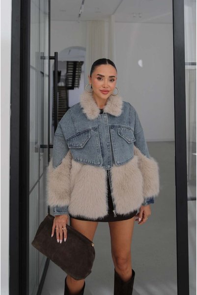 Havoş Mavi İthal Kürk Garnili Denim Mont