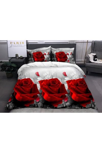 OEM Lenjerie de pat dublă, imprimeu digital 3D cu trandafiri, 4 piese, 2 pers...