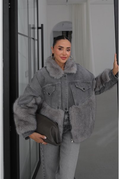 Havoş Gri İthal Kürk Garnili Denim Mont