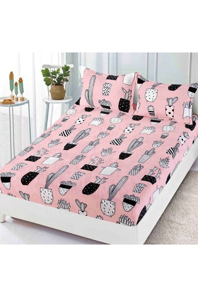JOJO HOME Σεντόνι με λάστιχο για διπλό κρεβάτι, Jojo Home, σχέδιο κάκτου, 3 τ...