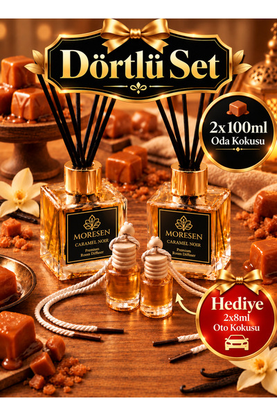 MORESEN 4'lü Set | 2 Adet Caramel Noir Bambu Çubuklu Oda Kokusu 100 ml Kare C...