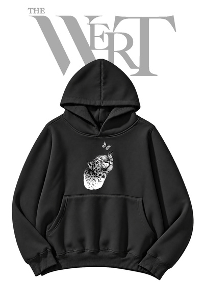 THEWERT Leopard Butterfly Black Hooded Sweatshirt with Front Print (2-Ply)