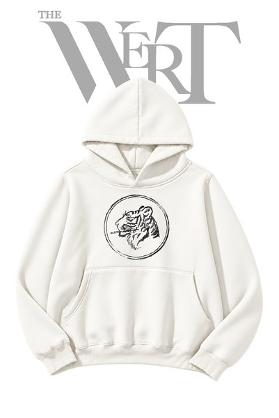 THEWERT White Hooded Sweatshirt with Leopard Head Print on the Front (2-Ply)