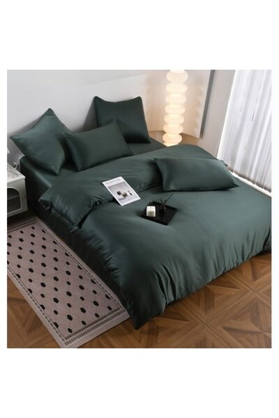 OEM Double Bed Linen, 6 Pieces, Synthetic Silk, 230x240cm, Plain, Dark Green