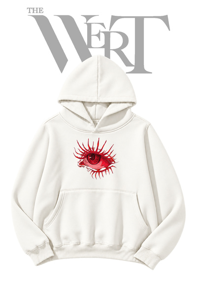 THEWERT White Hooded Sweatshirt with "Dikenli Kirmizi Goz" Front Print (2-Ply)