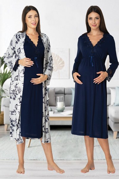 Lohusa Homewear New Season Navy Blue Patterned Lace-Detailed Button-Up Nursin...