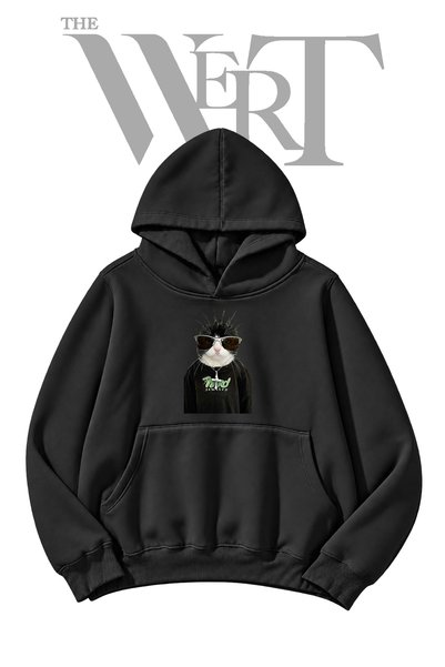 THEWERT Punk Cat Pre-Printed Black Hooded Sweatshirt (2-Ply)