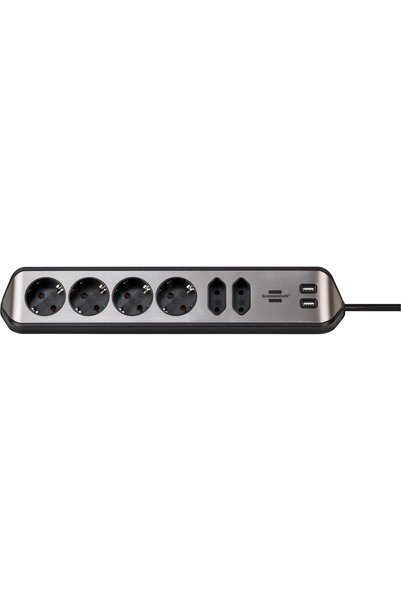 DAMUR Corner Wall Extension Cord Estilo 6 Sockets, 2 USB, Silver-Black, 2m