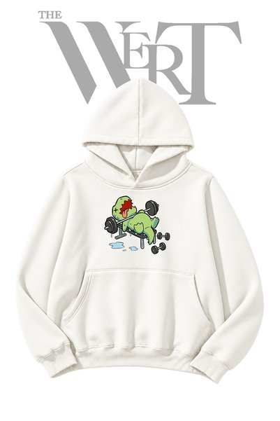 THEWERT T-Rex Workout Pre-Printed White Hooded Sweatshirt (2-Ply)