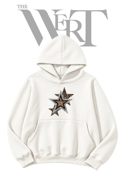 THEWERT Star Leopard Glitter Pre-Printed White Hooded Sweatshirt (2-Ply)
