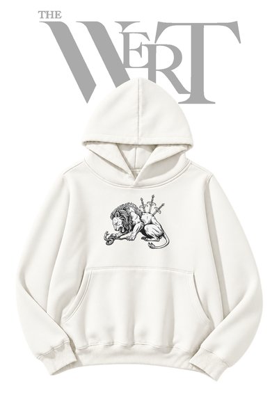 THEWERT White Hooded Sweatshirt with "Lion, Sword, Snake" Front Print (2-Ply)