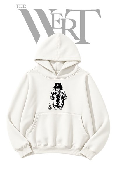 THEWERT سويت شيرت أبيض بغطاء للرأس، مطبوع عليه شعار "Death Note L" (خيطان).