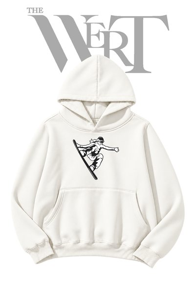 THEWERT Women's Snowboarder White Hooded Sweatshirt with Front Print (2-Ply)
