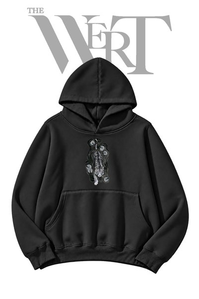 THEWERT White Tiger Pre-Printed Black Hooded Sweatshirt (2-Ply)