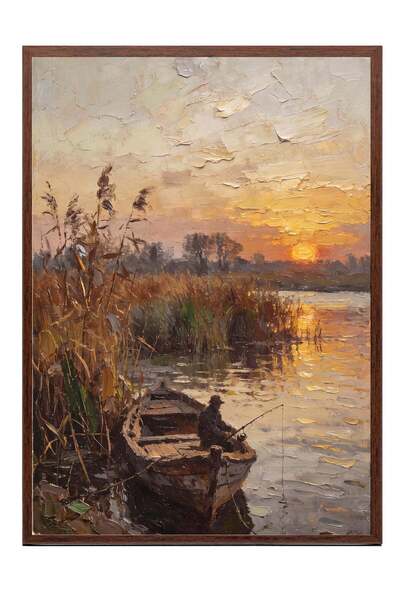 Postifull "Fisherman and Landscape at Sunset" Poster – Brown-Framed Artwork N...