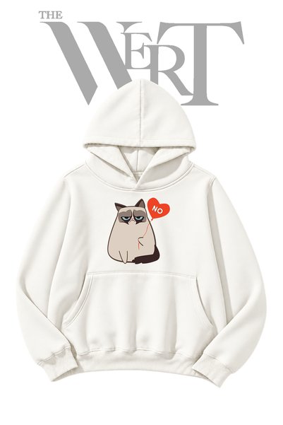 THEWERT سويت شيرت أبيض بغطاء للرأس مطبوع عليه صورة "Grumpy Cat" (خيطان).