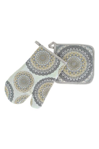 SHOPIENS Set manusa si servet de bucatarie gri cu mandala galben 2 bucati Sho...