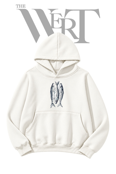 THEWERT Mackerel Print Pre-Printed White Hooded Sweatshirt (2-Ply)