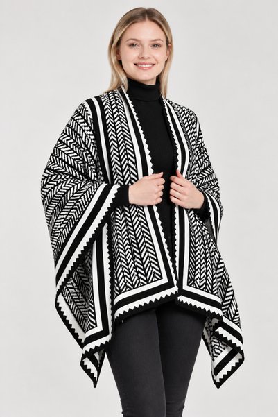 CNR TEKSTİL Women's Ethnic Patterned Knit Shawl Poncho – Relaxed Fit Shoulder...
