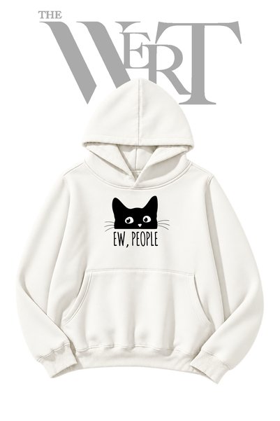 THEWERT سويت شيرت أبيض بغطاء للرأس مطبوع عليه شعار "Kedi Ew People" (خيطان).