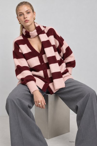 Lovelyİstanbul Oversized Striped Knit Cardigan With Scarf LYY0155 PINK PLUM