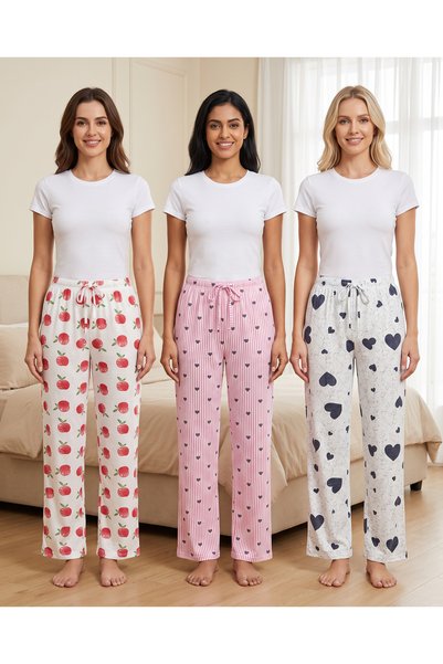 Aderente Women's 3-Piece Pajama Bottom Set - Single Jersey Fabric, Cotton, Re...