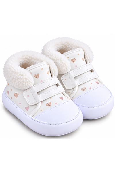 SERPİL Girls' Baby and Toddler Plush, Fur-Trimmed, Heart-Patterned, Velcro-Cl...