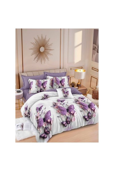 OEM Lenjerie de pat cu elastic, 180x200, 6 piese, 2 persoane, imprimeu fluturi