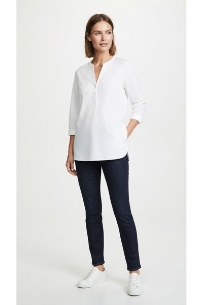 Neden Tekstil Women's White Basic V-Neck Long-Sleeve Relaxed-Fit Shirt