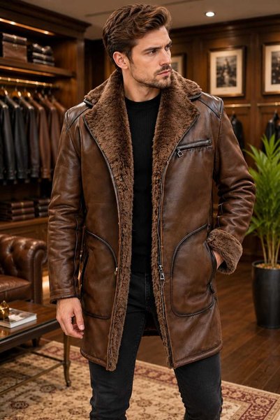 rendi collection Erkek Hakiki Deri İçi Kürklü Uzun Kahverengi Kaban