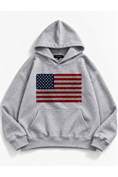 Mad&Calf Women's USA Flag Stone-Printed Oversized Hooded Sweatshirt