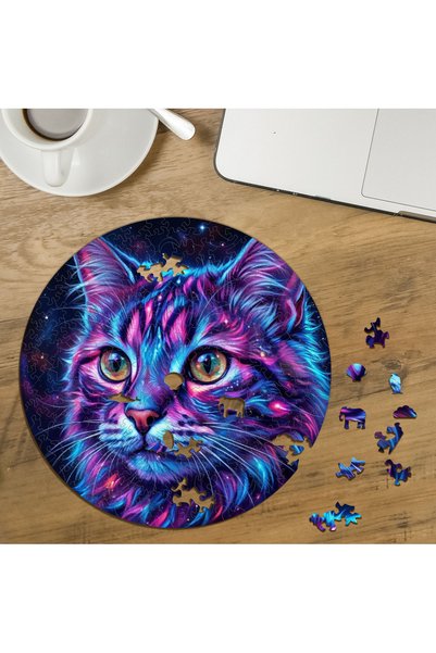 puntodizayn Special-Cut Round 272-Piece Wooden Puzzle with Colorful Space Cat...