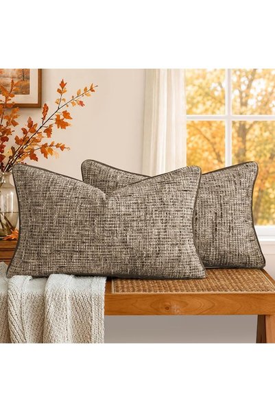 a moment Khaki Reversible Pillow Covers 2 Pack - Farmhouse Chenille Throw Pil...